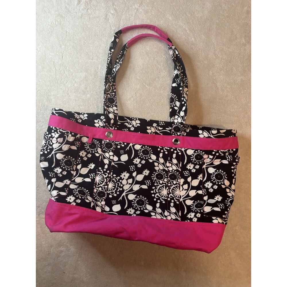 Thirty-One Large Black White Pink Canvas Floral Swirls Monogram N Purse Tote Bag - Picture 2 of 13